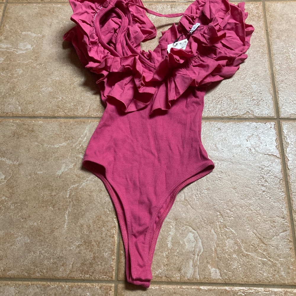 NWT Zara Barbie Pink Bodysuit with Ruffle Detail Sz S